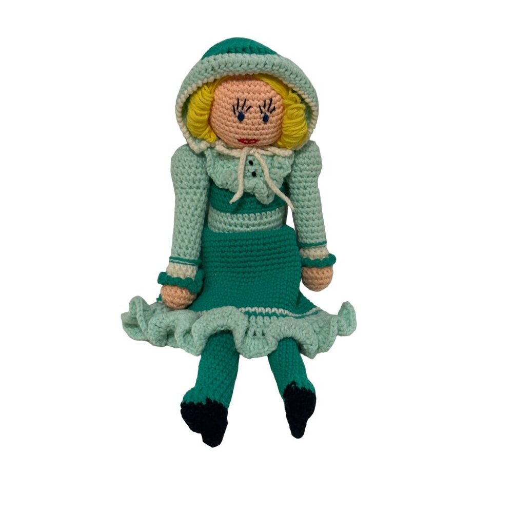 Handmade Crochet Doll With Bonnet & Ruffled Dress - 20" Tall - Mint Green & Teal
